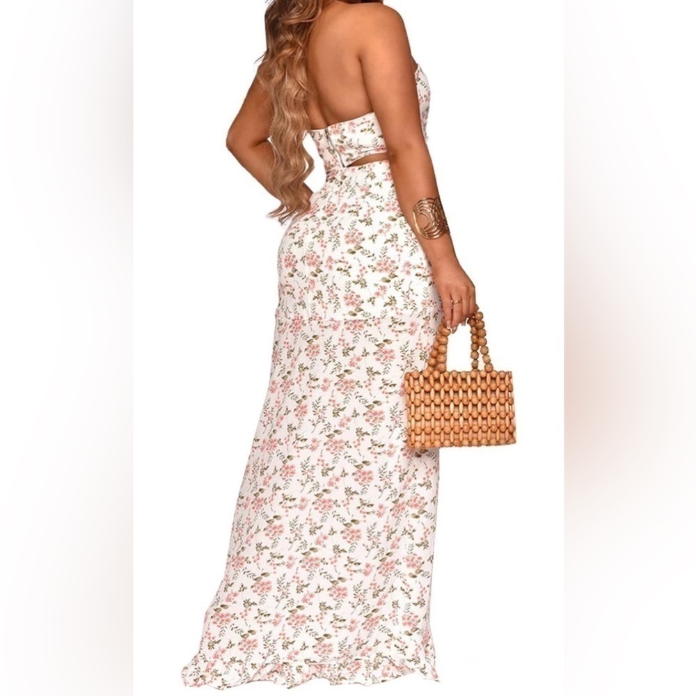 Sexy Off Shoulder Floral Printed Side Slit Two-Piece Maxi Dress Sz medium - Picture 2 of 8